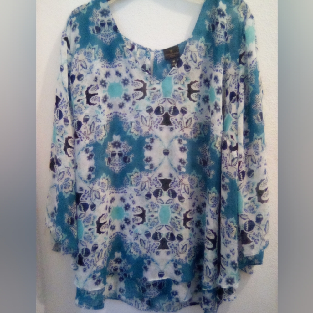 Worthington Woman 3/4 Sleeve Blouse Blue Multicolor Size 3X Floral Bohemian